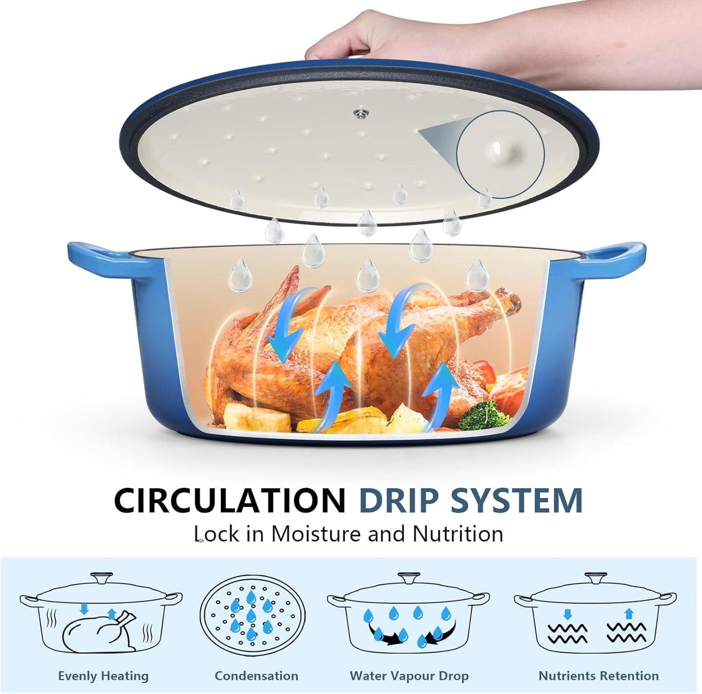 Oval Dutch Oven with Lid, Enameled Cast Dutch Oven Pot for Bread Baking, Braising, Stewing, Roasting, Non-Stick & Oven Safe, Dual Handles & Easy Clean, 5QT & Blue