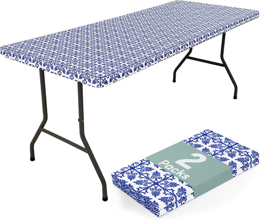 2 Pack 6 Foot Rectangle Picnic Tablecloth, Elastic Fitted Waterproof Table Cover, Windproof Washable Polyester Table Cloth for Camping, Indoor and Outdoor (Blue, 30" X 72")