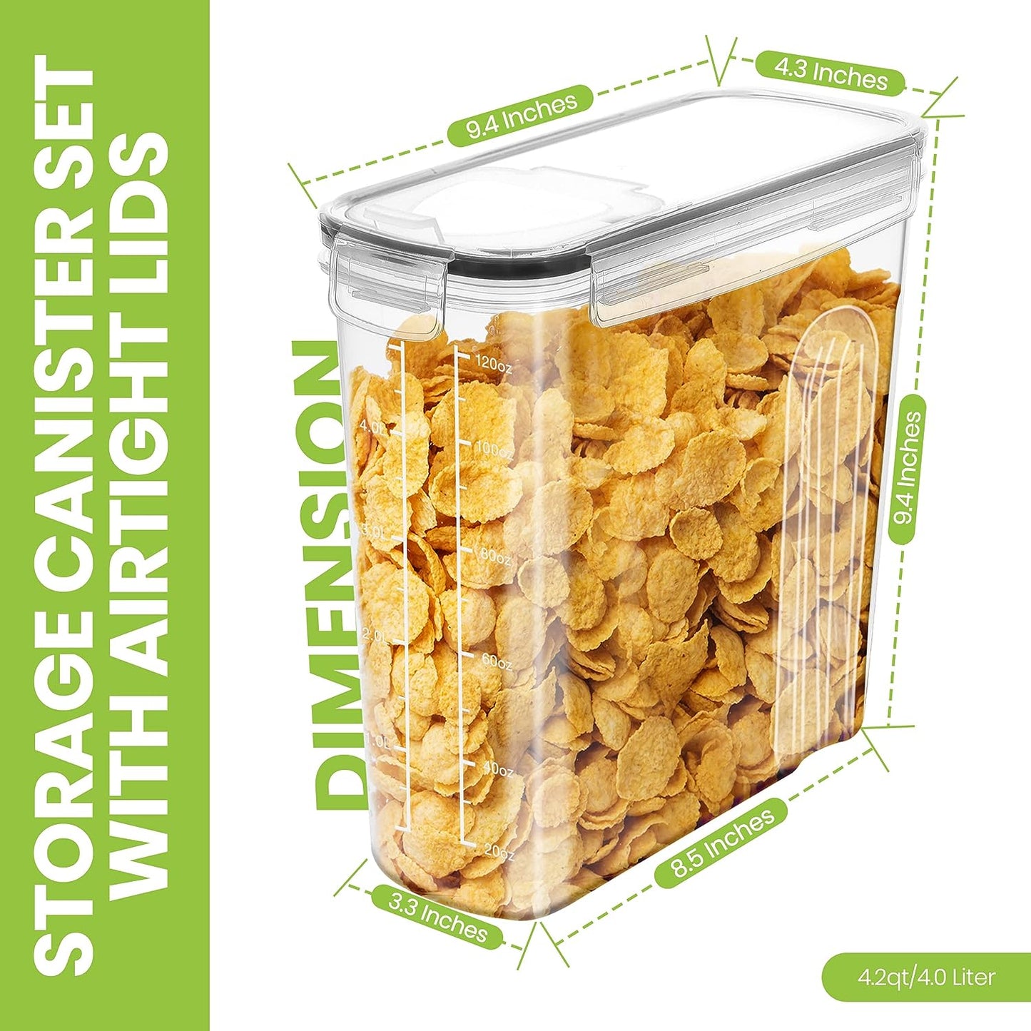 Cereal Containers Storage - Liter Airtight Food Storage Containers & Cereal Dispenser for Pantry Organization and Storage (Clear, 4 Liter Pack of 4)