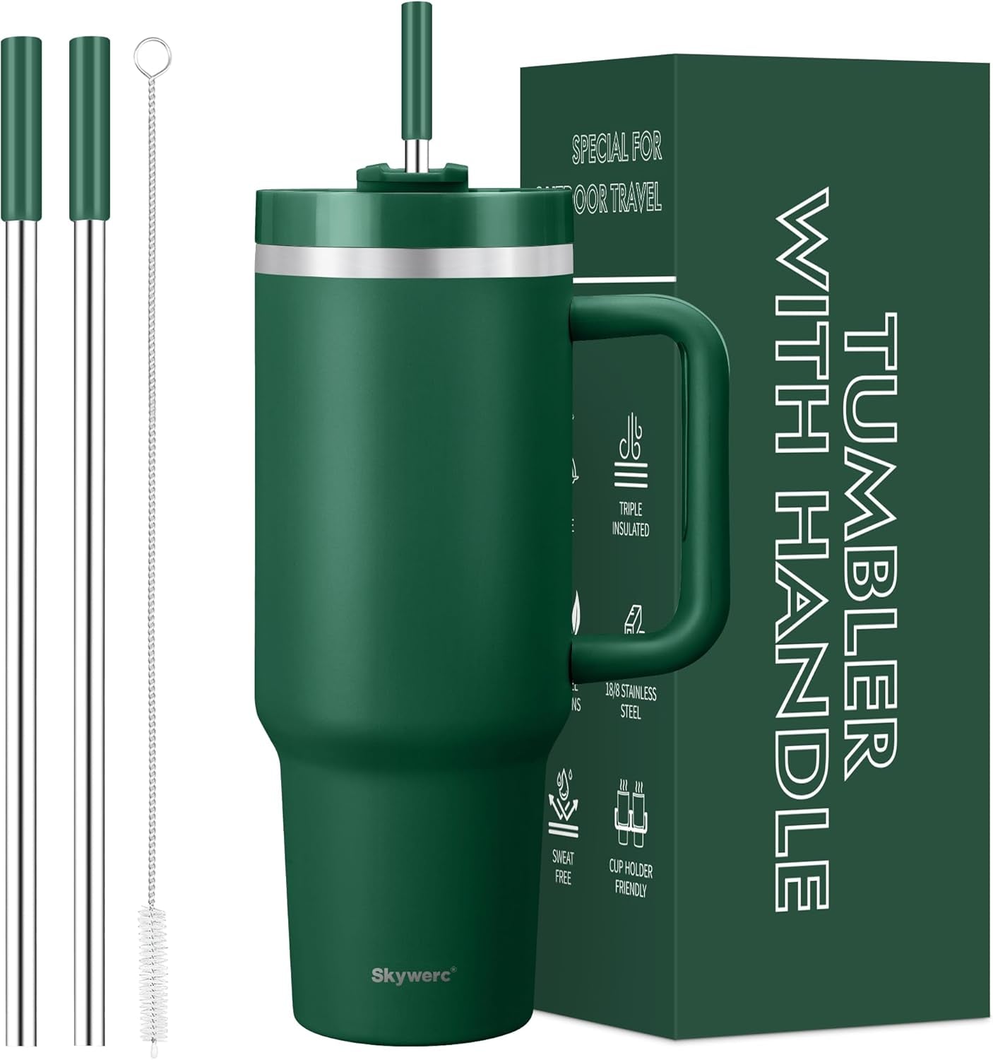 40 Oz Tumbler with Handle and Straw, 2 in 1 Lid, Vacuum Insulated Stainless Steel Double Wall Water Bottle Travel Mug - Holiday Gifts for Women Men - Dark Green