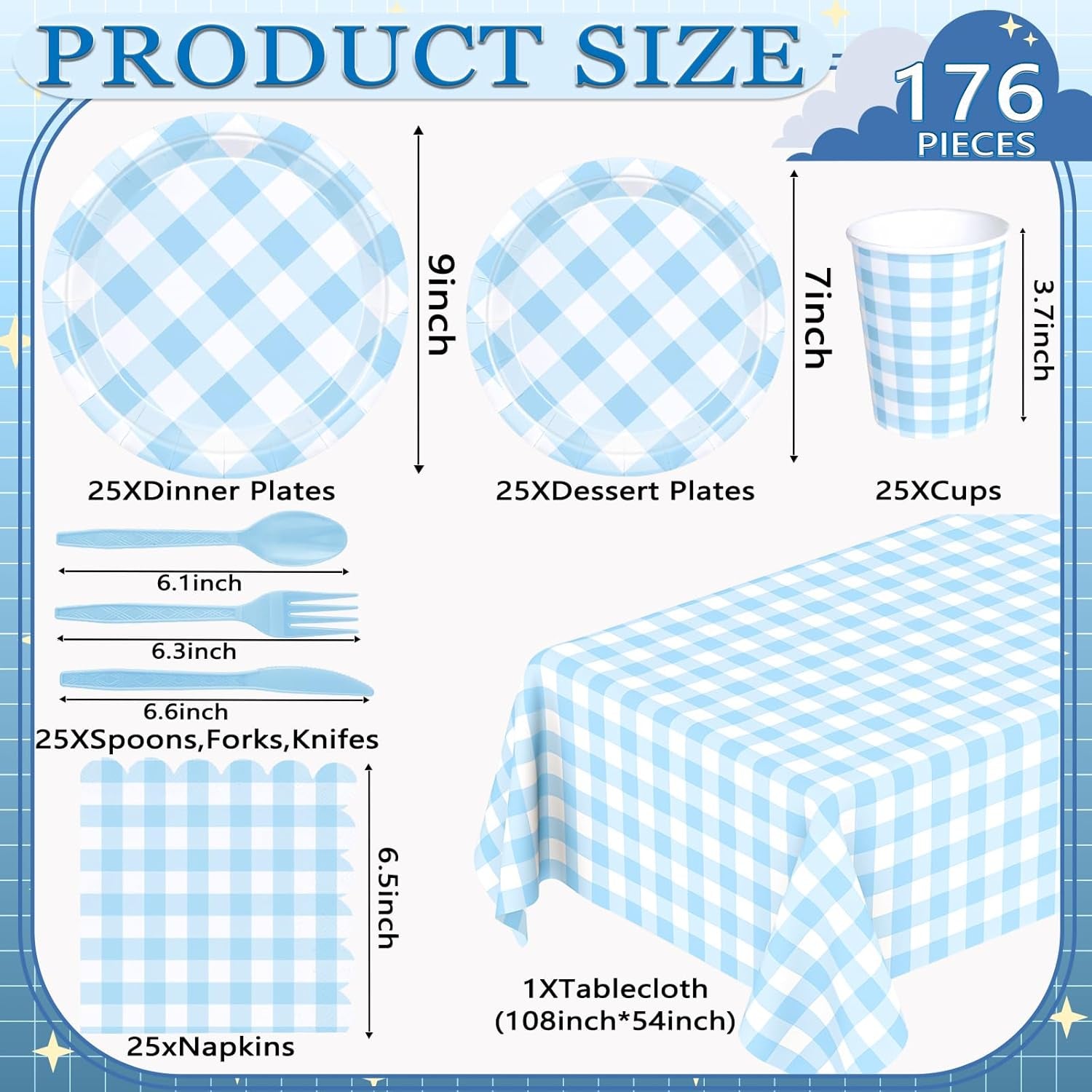 176 PCS Light Blue Gingham round Plates and Napkins, Blue Checkered Disposable Plates Set with Napkins Cups Plastic Spoons Forks Knives for Dinner Birthday Baby Shower Wedding Supplies Serve 25 Guests