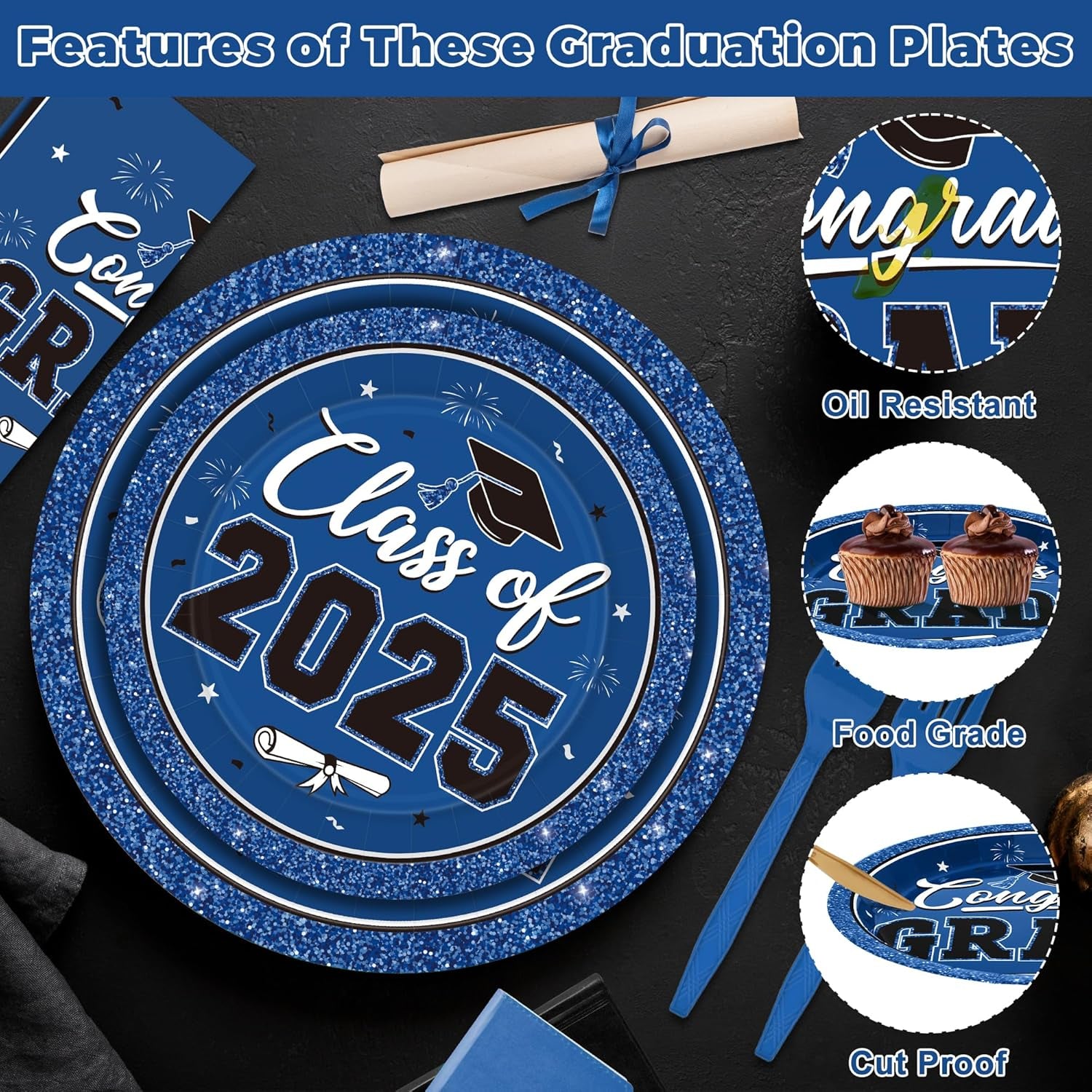 50 SET Graduation Plates and Napkins 2025 and Forks, Blue Graduation Paper Plates Class of 2025, Disposable Blue Plate and Napkins Party Supplies Decorations Class of 2025