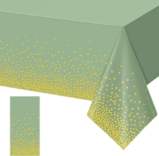 1 Pack Sage Green and Gold Plastic Tablecloth, Green Disposable Table Cloth for Rectangle Tables, Gold Dot Light Green Tablecloth for Baby Shower Birthday Wedding Party Decorations, 54"X108"