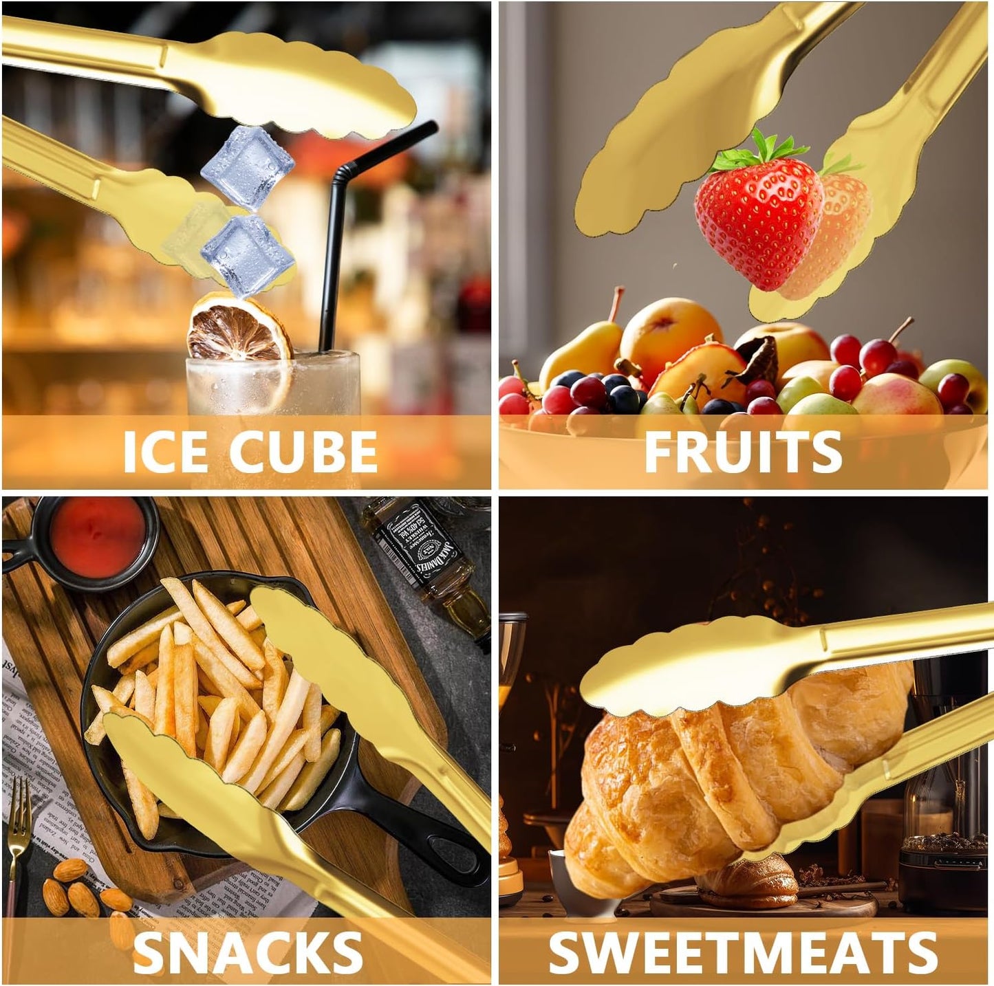 Gold Buffet Tongs - 4 Pack, 9 Inch, Stainless Steel Gold Plated Serving Tongs