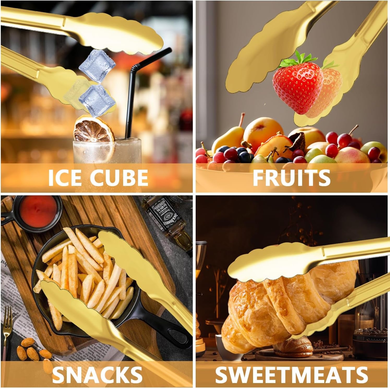 Gold Buffet Tongs - 4 Pack, 9 Inch, Stainless Steel Gold Plated Serving Tongs