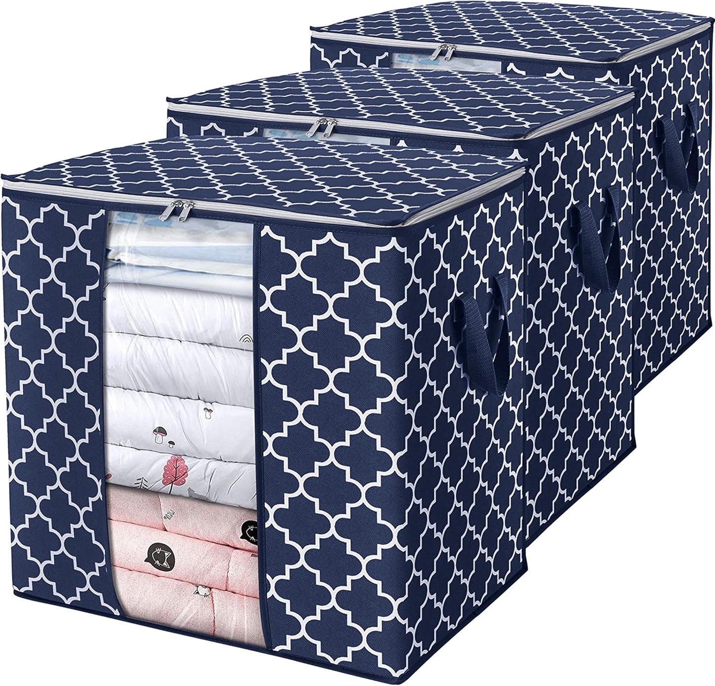 Storage Bags 3 Pack/100L Large Blanket Clothes Organization and Storage Containers for Comforters,Bedding, Foldable Organizer with Reinforced Handle, Clear Window, Sturdy Zippers,Blue