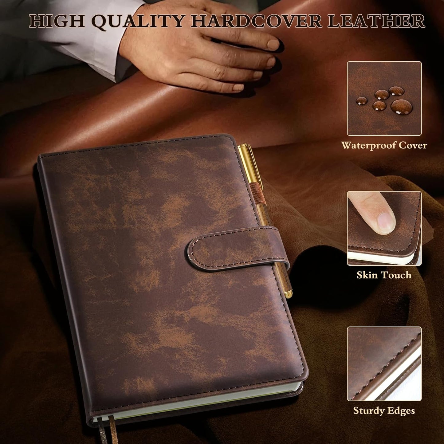 Lined Journal Notebook for Men, Leather Hardcover Notebook with Pen, A5 Journaling Notebooks for Work, 200 Pages 100 GSM Thick College Ruled Diary for Writing, Business, Office 5.75" X 8.38" Brown