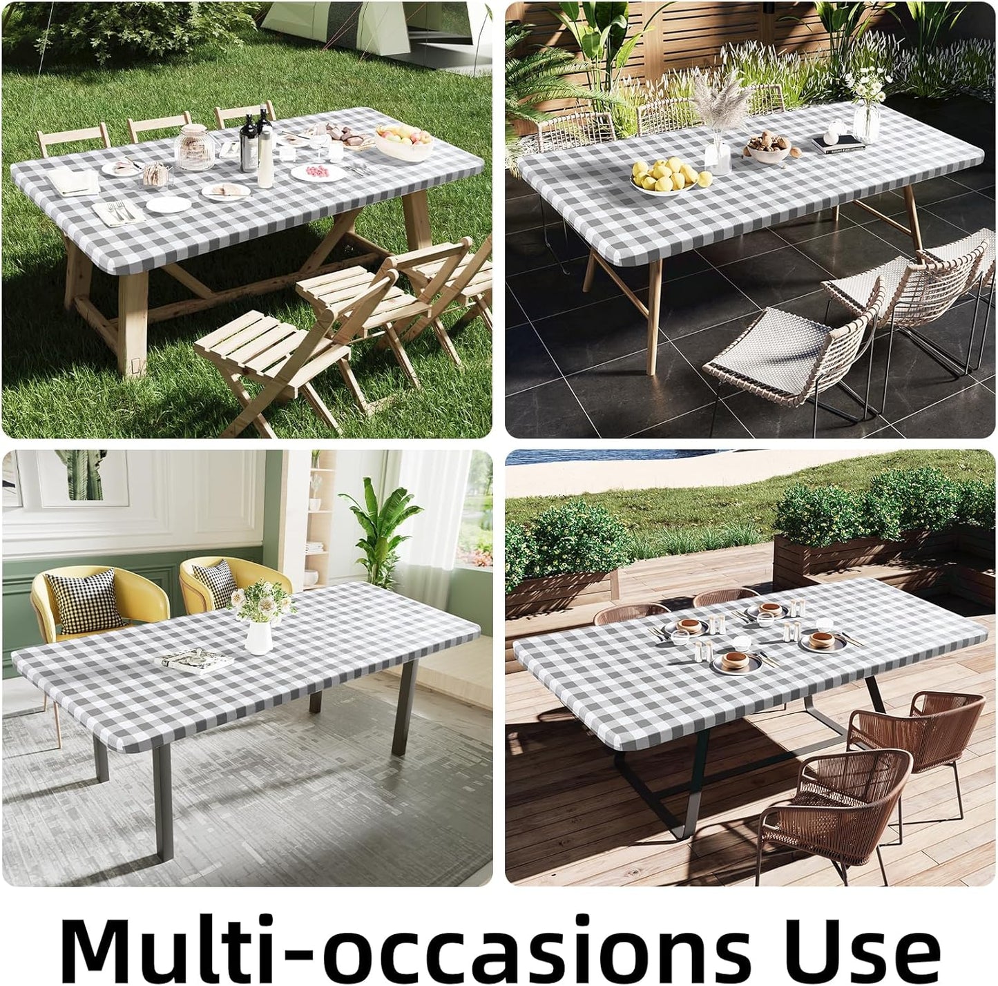 Rectangle Elastic Waterproof Fitted Vinyl Tablecloths with Flannel Backing, Buffalo Plaid Design for Dining and Outdoor Use (White and Grey, 30" x 72")