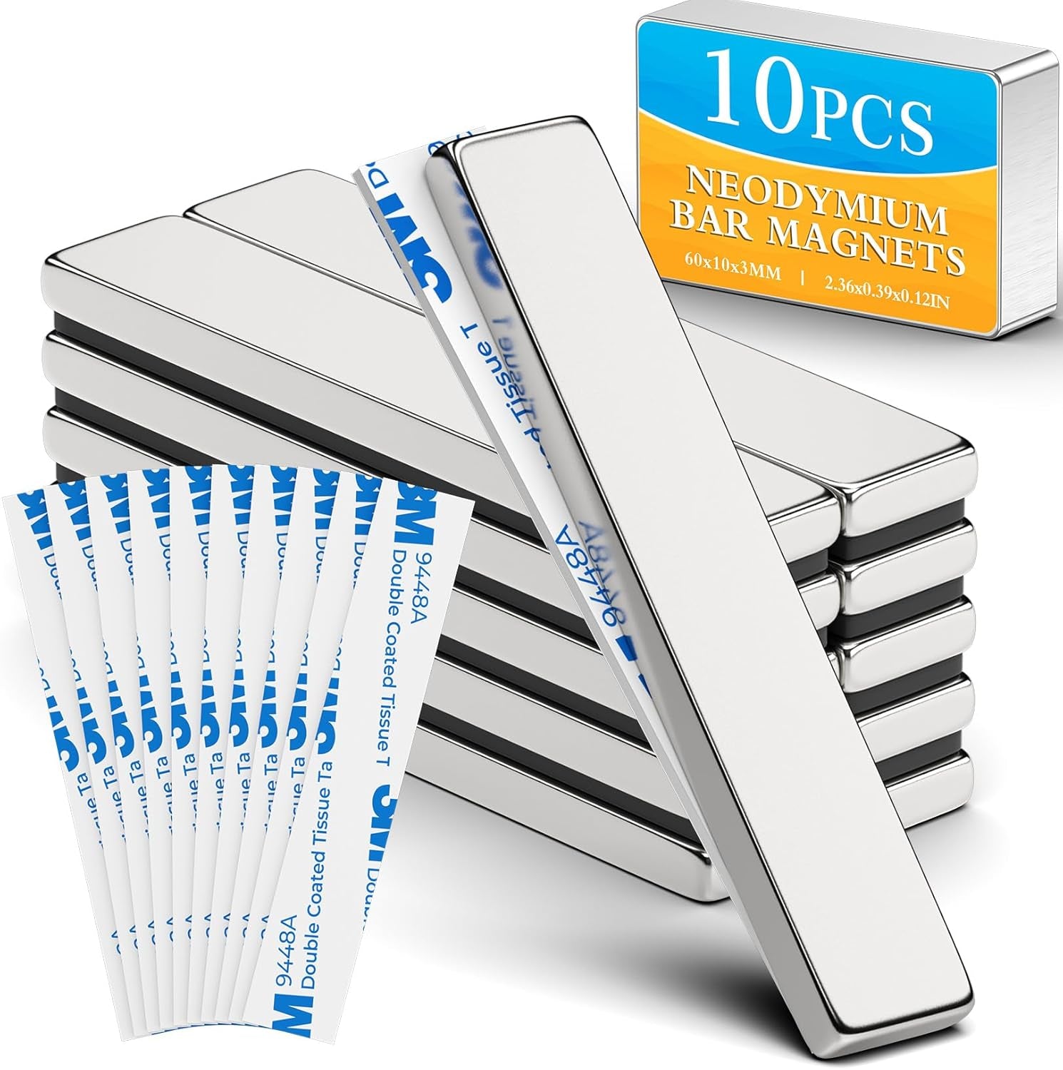 10Pack Magnets Bar Magnet Strips Permanent Rare Earth Magnets with Double-Sided Adhesive for Fridge, Garage, Kitchen, Science, Craft, Office, DIY