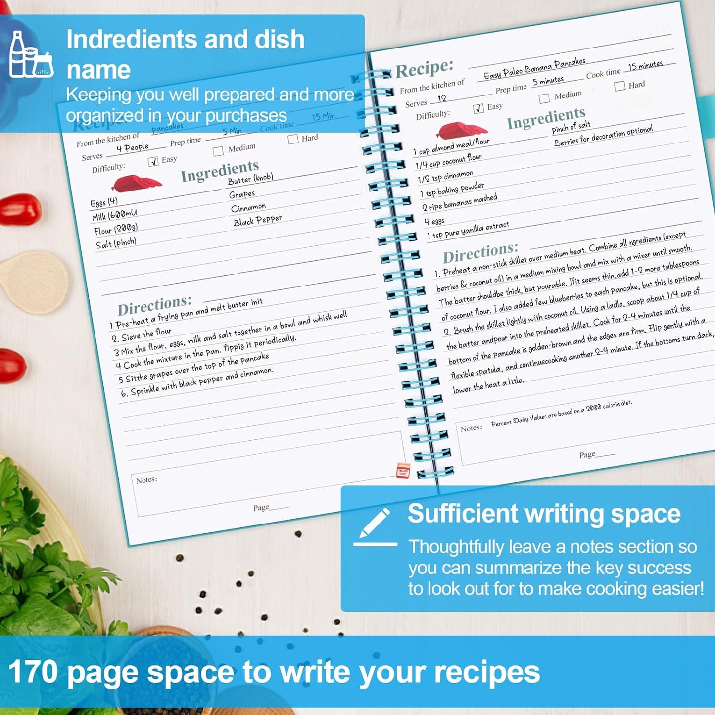 Recipe Book, Recipe Book to Write in Your Own Recipes, Blank Recipe Book, Recipe Notebook, Recipe Journal Hold 170 Recipes