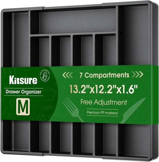 Silverware Organizer for Drawers - Expandable Cutlery and Utensil Drawer Organizer with Easy Maintenance, Premium PP Kitchen Organizers and Storage for Flatware, Black, 13.2" X 12.2" X 1.6"
