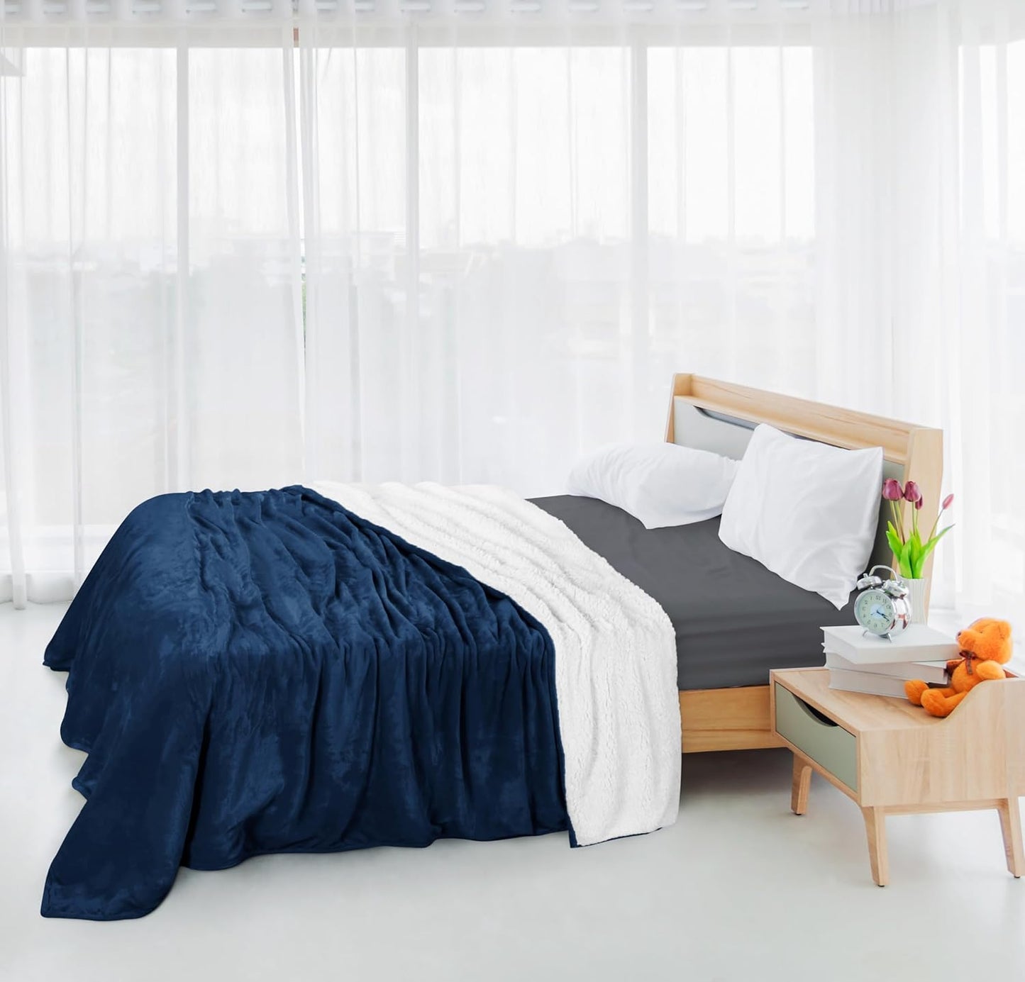 Sherpa Blanket Queen Size (Navy, 90X90 Inches) - Soft Lightweight Plush Fleece Reversible Blanket for Bed, Sofa, Couch, Camping and Travel