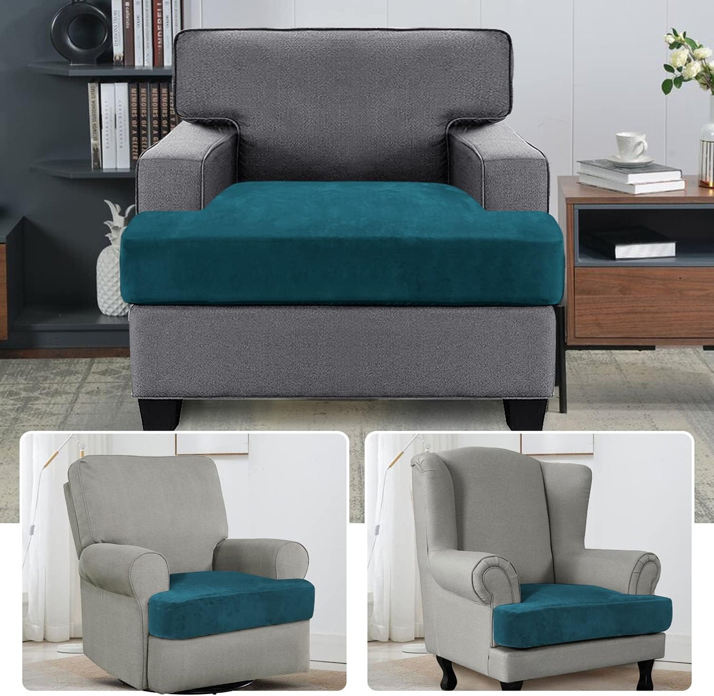Stretch Velvet T Cushion Chair Covers for Living Room Armchair Sofa Cover Couch Cover Slipcover T Cushion Seat Cover Stay with Elastic Bands(Armchair, Deep Teal)