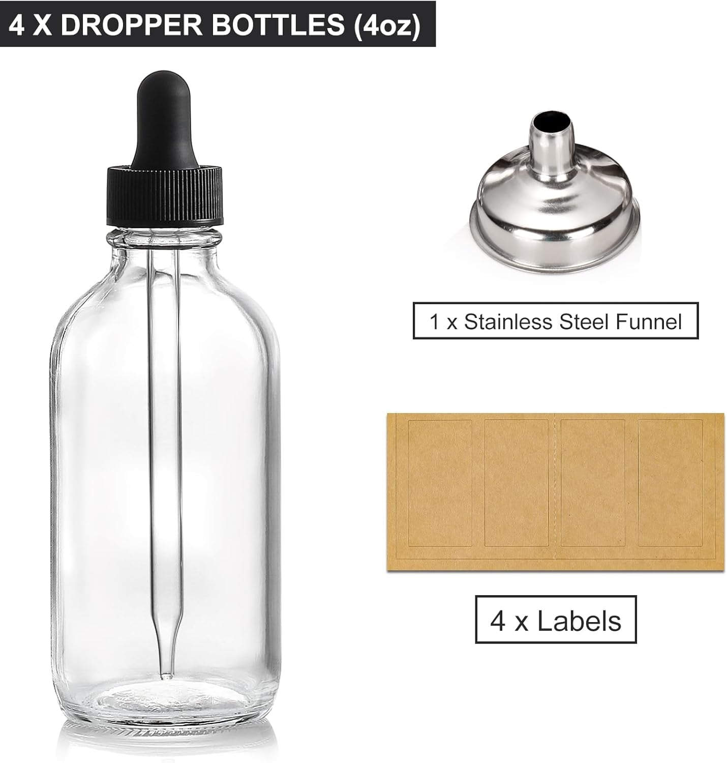 4 Pack, 4 Oz Dropper Bottles with 1 Funnel & 4 Labels - Essential Oils Bottles for Health, Personal Care & Beauty - 120Ml Thick Clear Glass Tincture Bottles with Eye Droppers, Leakproof