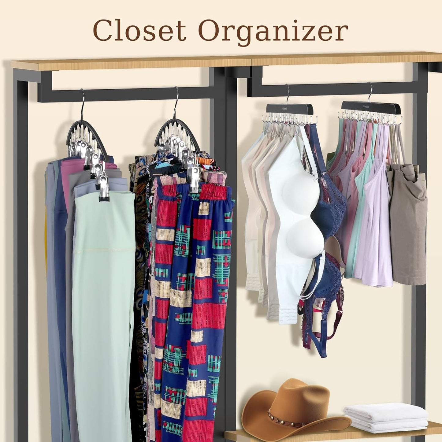 2 Pack Legging Organizer& Bra Hanger, 2 in 1 Space Saving Hanger Max 30 Leggings & Bras Capacity for Closet Organizers and Storage, Metal Yoga Pant Hangers& Foldable Wood Tank Top Organizer