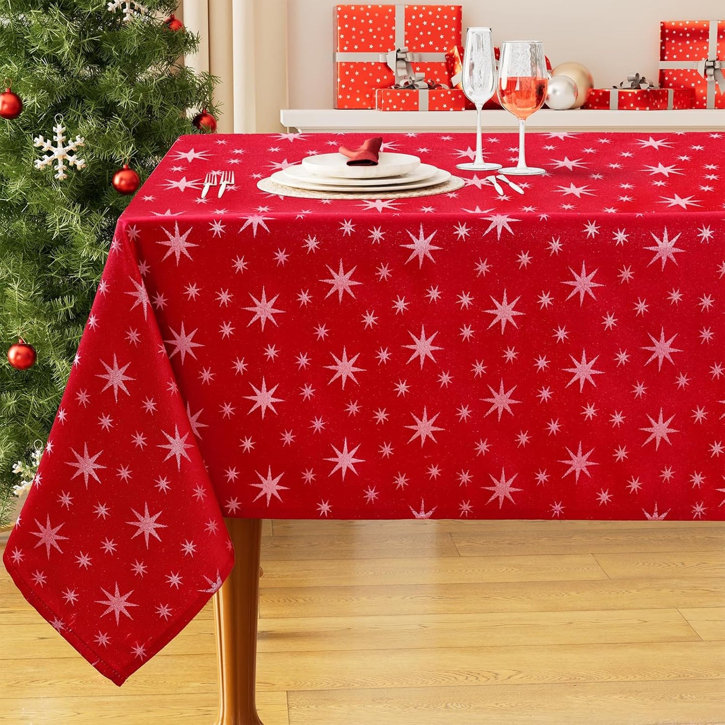 Rectangle Christmas Red Tablecloth, 60X84 Inch Waterproof Damask Table Cloth, Star Patterns Fabric Table Covers for Christmas Dinner, and New Year Celebration, Red