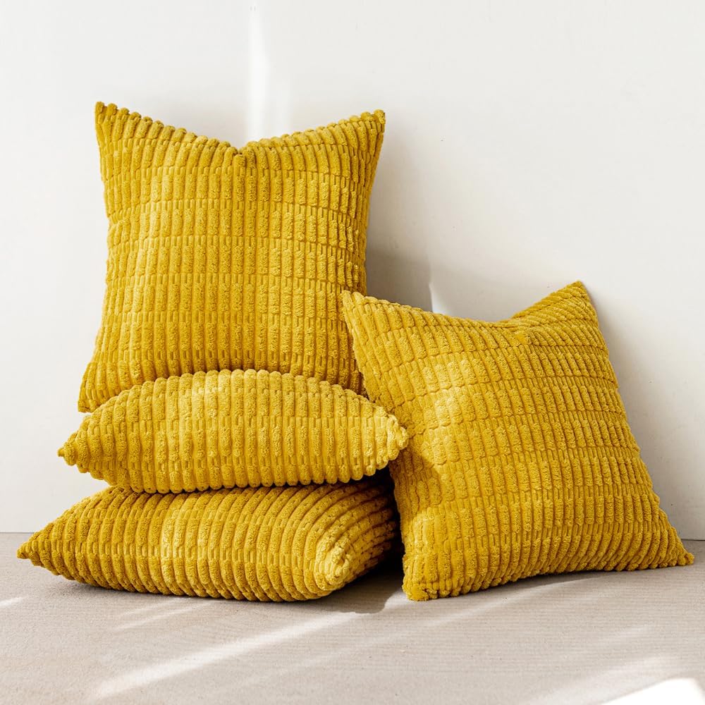 Pack of 4 Mustard Yellow Corduroy Decorative Spring Throw Pillow Covers 16X16 Inch Soft Boho Striped Pillow Covers Modern Farmhouse Home Decor for Sofa Living Room Couch Bed