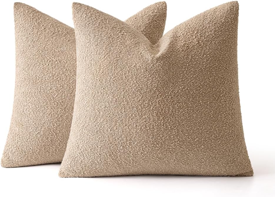 18X18 Inch Decorative Pillow Covers for Couch Bed Set of 2 Textured Boucle Neutral Throw Pillows Khaki Accent Solid Cushion Pillowcase Cozy Soft Sofa Livingroom Home Decor