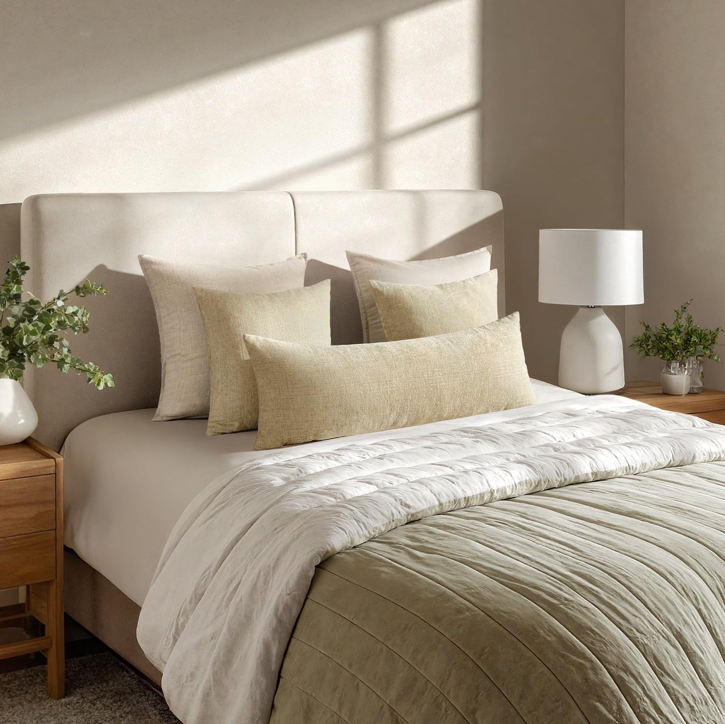 Pack of 1 Couch Throw Pillow Covers 14X36 Inch Soft Beige Chenille Pillow Covers for Sofa Living Room Solid Dyed Pillow Cases