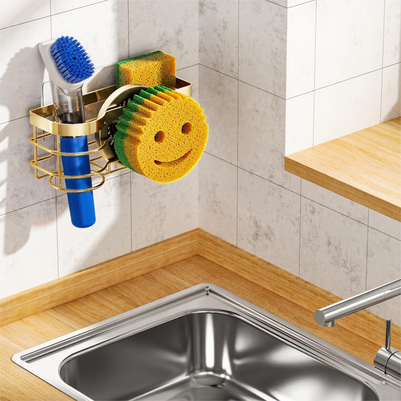 Gold Smiley Sponge Holder for Kitchen Sink Caddy, Stainless Steel Movable Brush Holder Dish Cloth Hanger, Suction Cup Sink Organizer Scrubbe