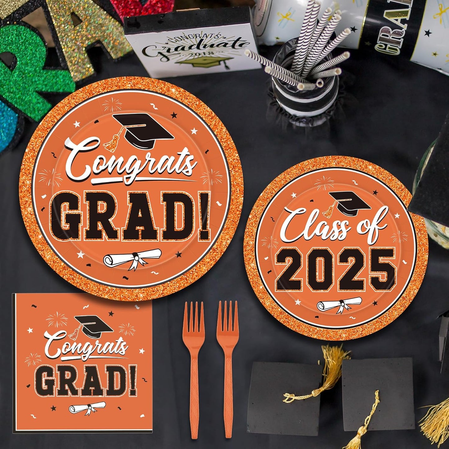 50 SET Graduation Plates and Napkins 2025 and Forks, Orange Grad Party Supplies, Disposable Orange Paper Plates and Grad Napkins, Graduation Table Decorations Class of 2025