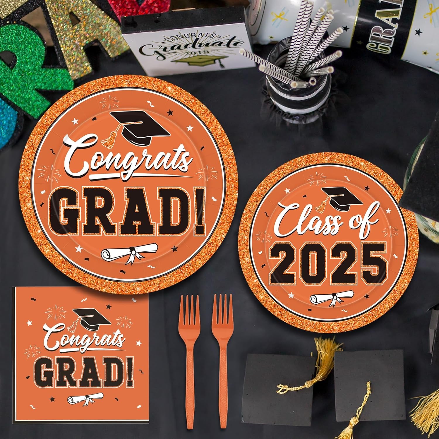 50 SET Graduation Plates and Napkins 2025 and Forks, Orange Grad Party Supplies, Disposable Orange Paper Plates and Grad Napkins, Graduation Table Decorations Class of 2025