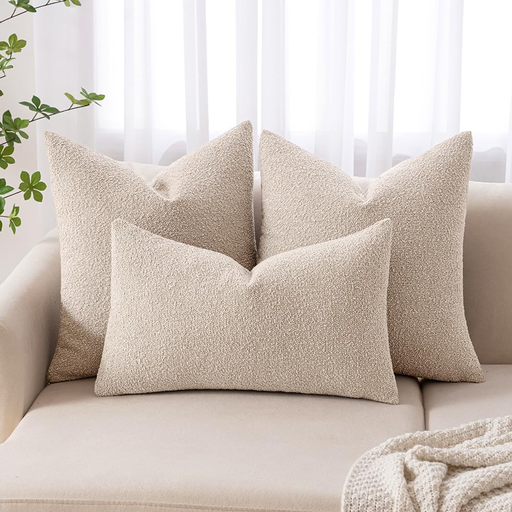 18X18 Inch Decorative Pillow Covers for Couch Bed Set of 2 Textured Boucle Neutral Throw Pillows Oatmeal Accent Solid Cushion Pillowcase Cozy Soft Sofa Livingroom Home Decor