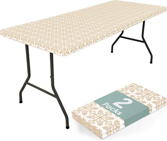 2 Pack 6 Foot Rectangle Picnic Tablecloth, Elastic Fitted Waterproof Table Cover, Windproof Washable Polyester Table Cloth for Camping, Indoor and Outdoor (Khaki, 30" X 72")