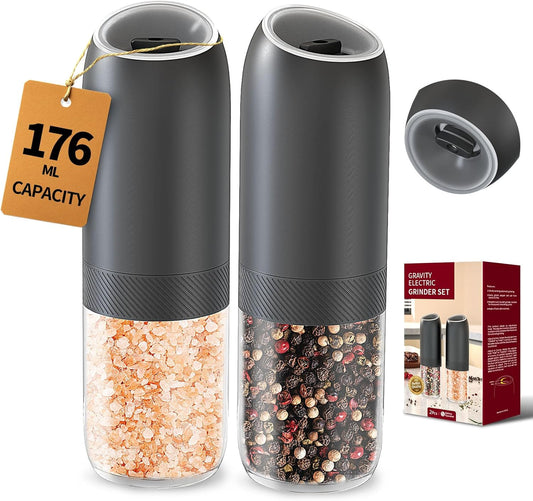 Gravity Electric Salt and Pepper Grinder Set Battery Powered Automatic Pepper Mill Grinders with 176Ml Container, Adjustable Coarseness, Bright LED Light and One Hand Operation, Black