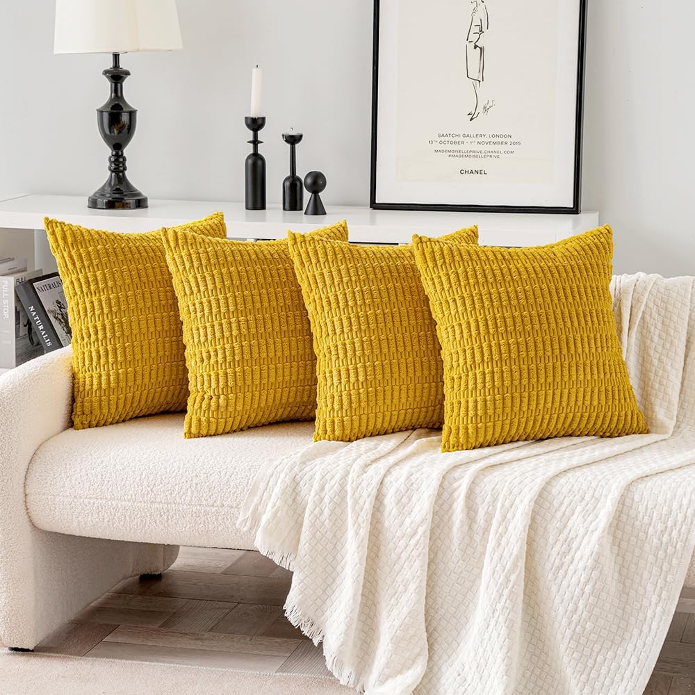 Pack of 4 Mustard Yellow Corduroy Decorative Spring Throw Pillow Covers 16X16 Inch Soft Boho Striped Pillow Covers Modern Farmhouse Home Decor for Sofa Living Room Couch Bed
