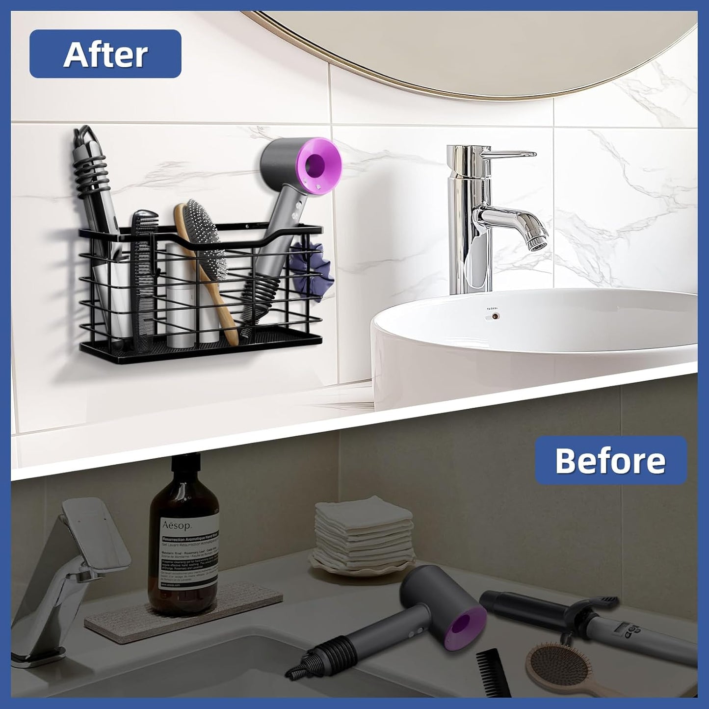 Hair Dryer Holder Hair Tool Organizer, Antirust Wall Mount Bathroom Hair Care Styling Tool Storage Basket for Hair Dryer, Curling Wands, Hair Straighteners