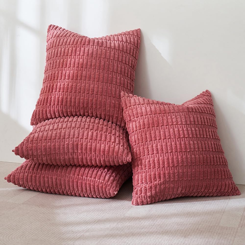 Pack of 4 Corduroy Decorative Throw Pillow Covers 16X16 Inch Soft Boho Striped Pillow Covers Modern Farmhouse Home Decor for Sofa Living Room Couch Bed Cranberry Red