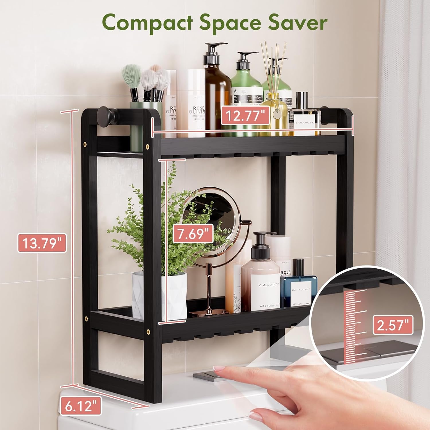 Bamboo over the Toilet Storage Shelf - 2-Tier Bathroom Organizers and Storage Shelves, 2 in 1 Dual Stable above over Toilet Bathrooms Shelf Home Storages Rack for Small Bathroom, Black