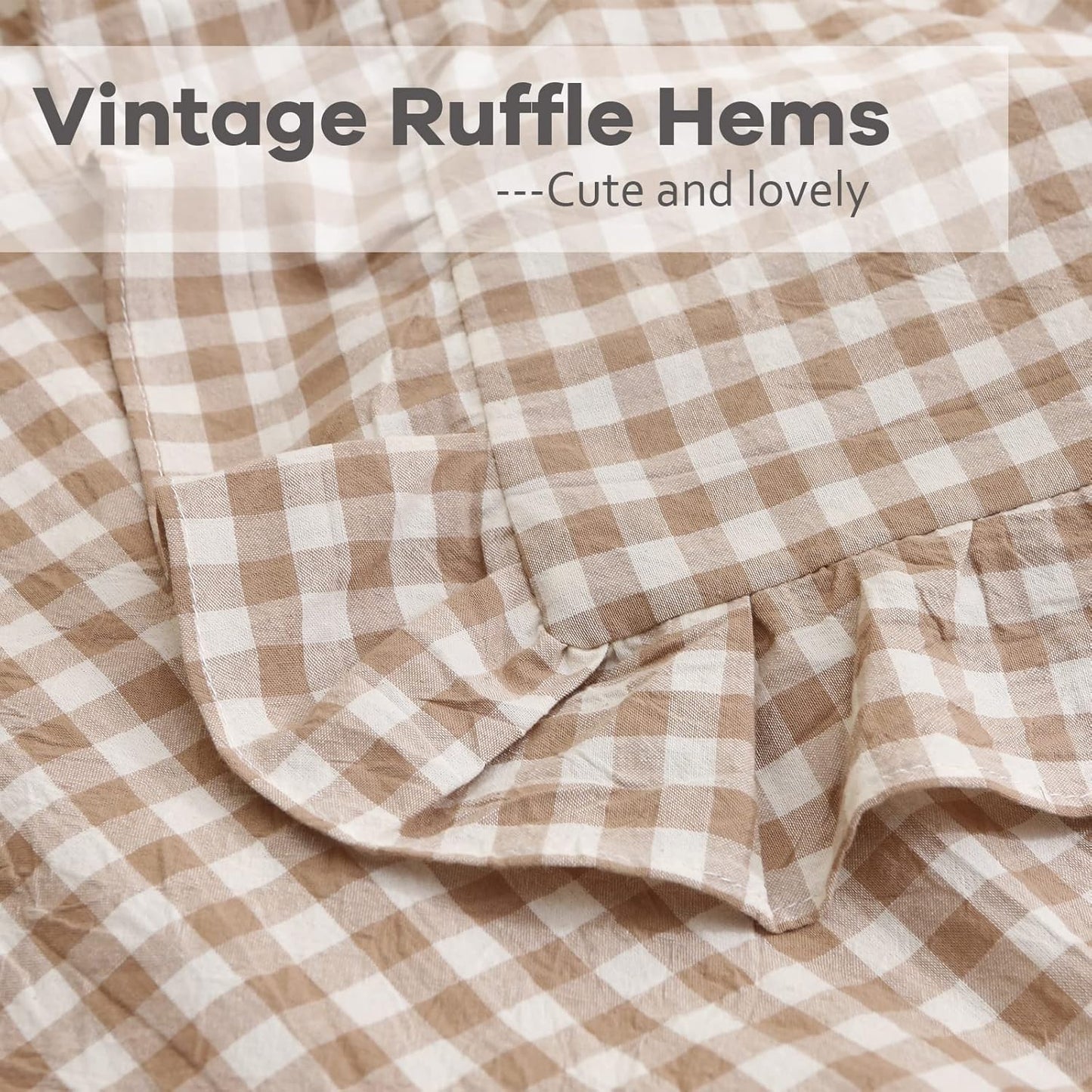 Set of 2 Taupe and White Plaid Ruffle Square Euro Pillow Shams - 100% Washed Cotton Gingham in Camel Brown for Fall Decor - 26'' x 26