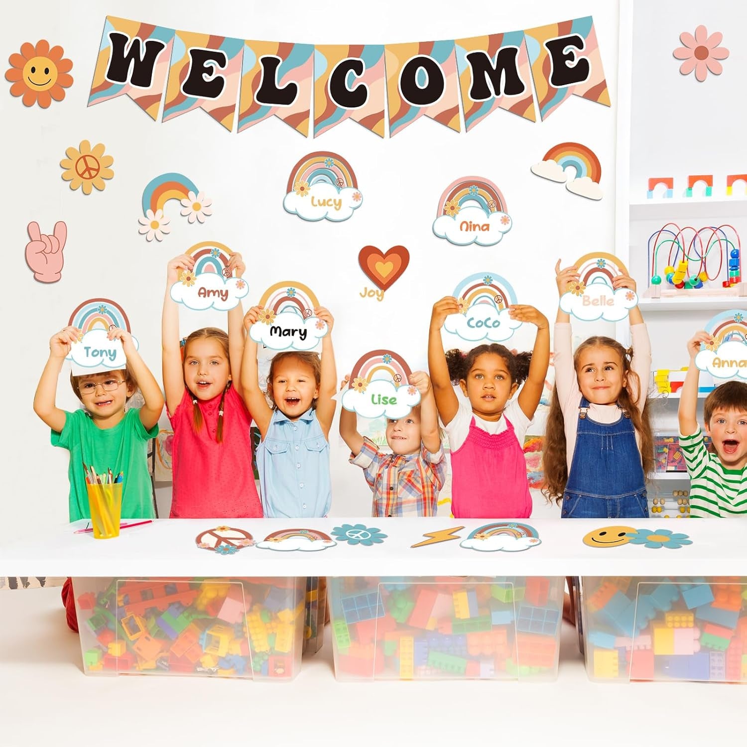 61Pcs Retro Welcome Back to School Bulletin Board Welcome Poster Banner Groovy Rainbow Theme Welcome Sign Decor with Glue Point for First Day of Kindergarten Preschool Classroom Decorations
