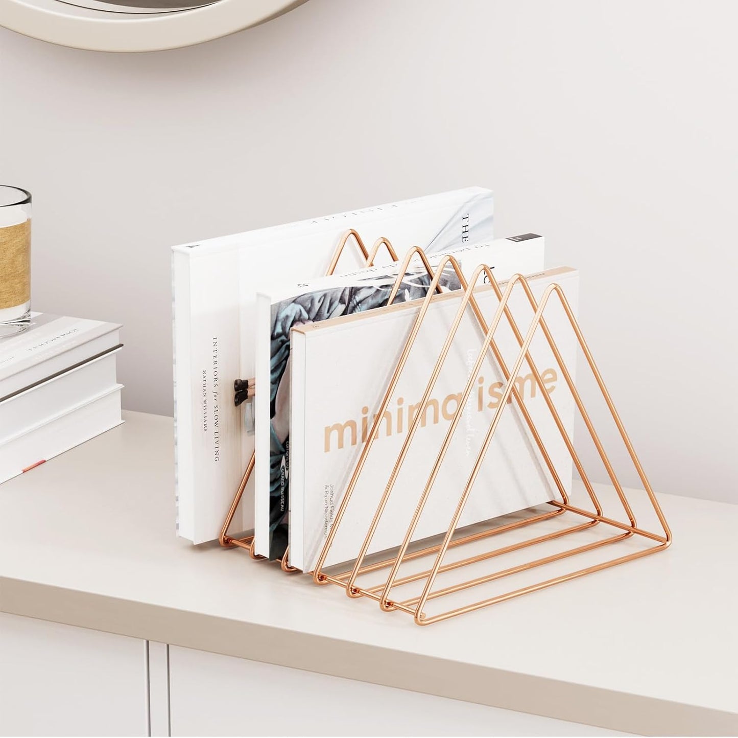Triangle Desk Organizers Metal Wire Magazine Holder 7 Sections Decorative Vinyl Record Storage Office File Organizer for Desk - Rose Gold Magazine File Holder - 2 Pack