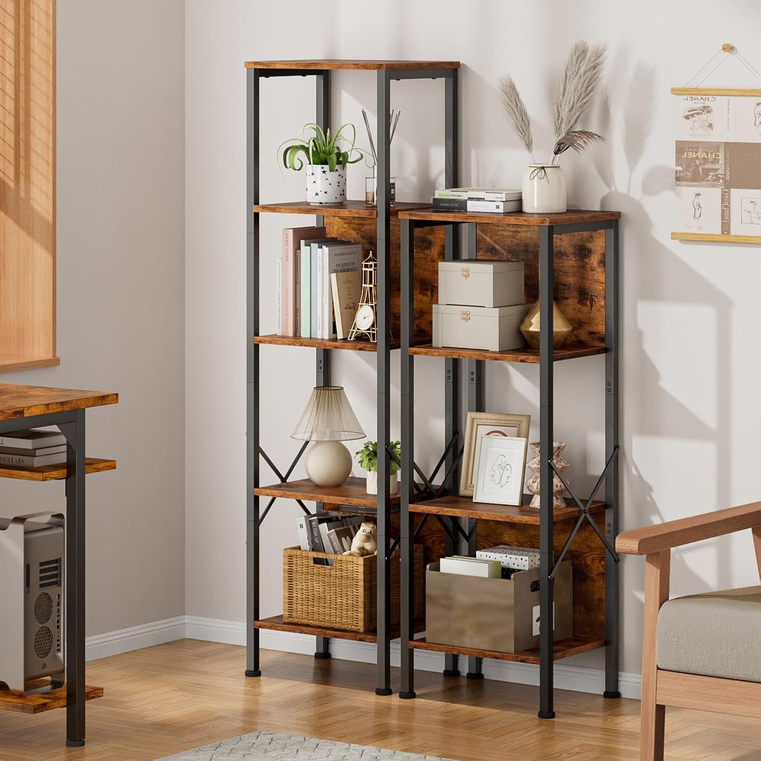 5 Tier Tall Bookshelf with Back, Display Narrow Bookcase, Industrial Storage Corner Shelves Organizer for Bedroom, Living Room, Entryway, Kitchen, Rusitc Brown