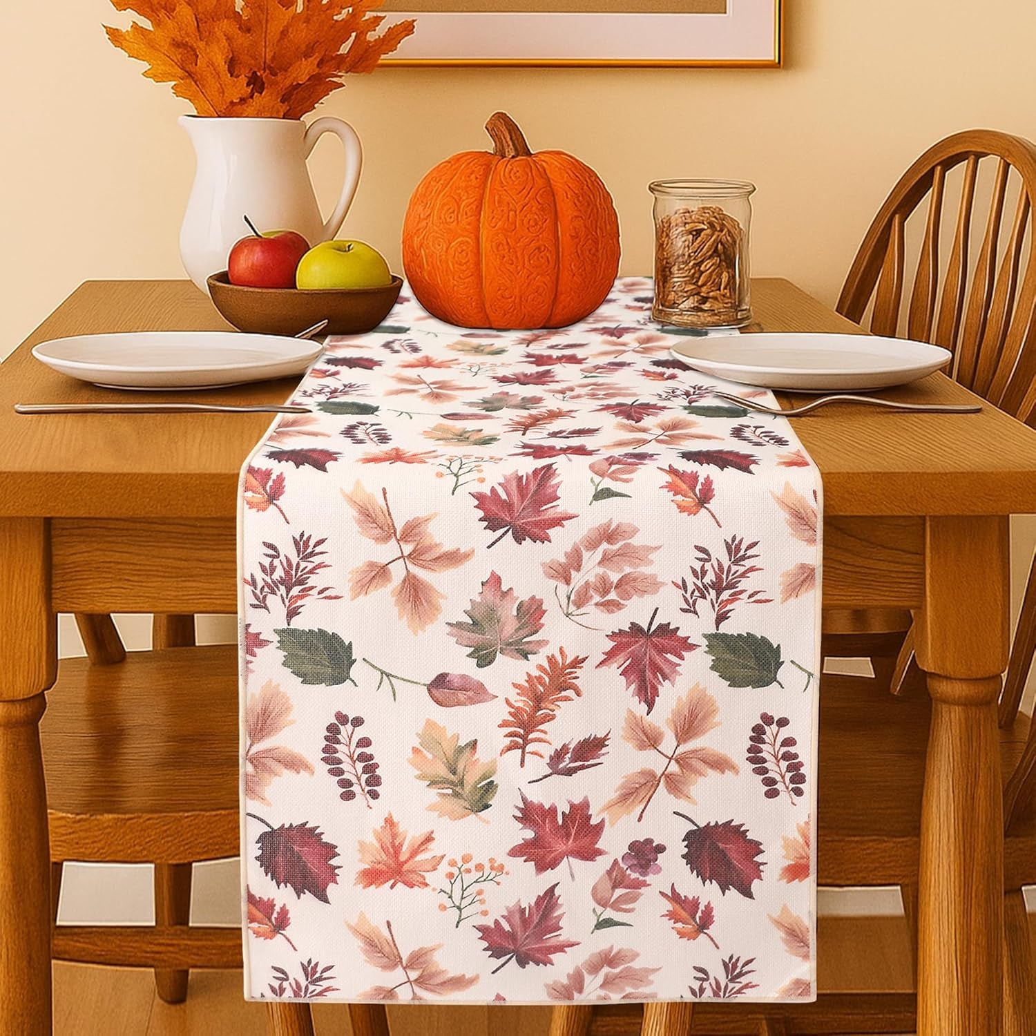 Fall Table Runner for Kitchen Dining Table, Thanksgiving Autumn Printed Harvest Pumpkins Maple Leaves Textured Fabric Halloween Holiday Home Decorations, Water-Proof, Washable, 13" W X 36" L