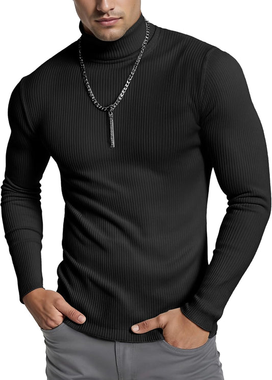 Men'S Ribbed Turtleneck Slim Fit Pullover Casual Long Sleeves Basic Top