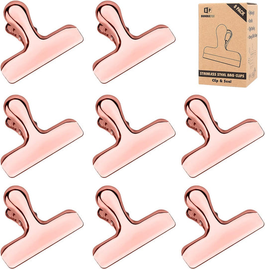 Pack of 8 Bag Clips, Stainless Steel and Heavy Duty Metal Bag Clip,Tightly Seals Chip, Coffee, Bread or Cereal Bags to Keep Food Fresh, for Home, Kitchen, Office, Pantry, Camping (Rose Gold)