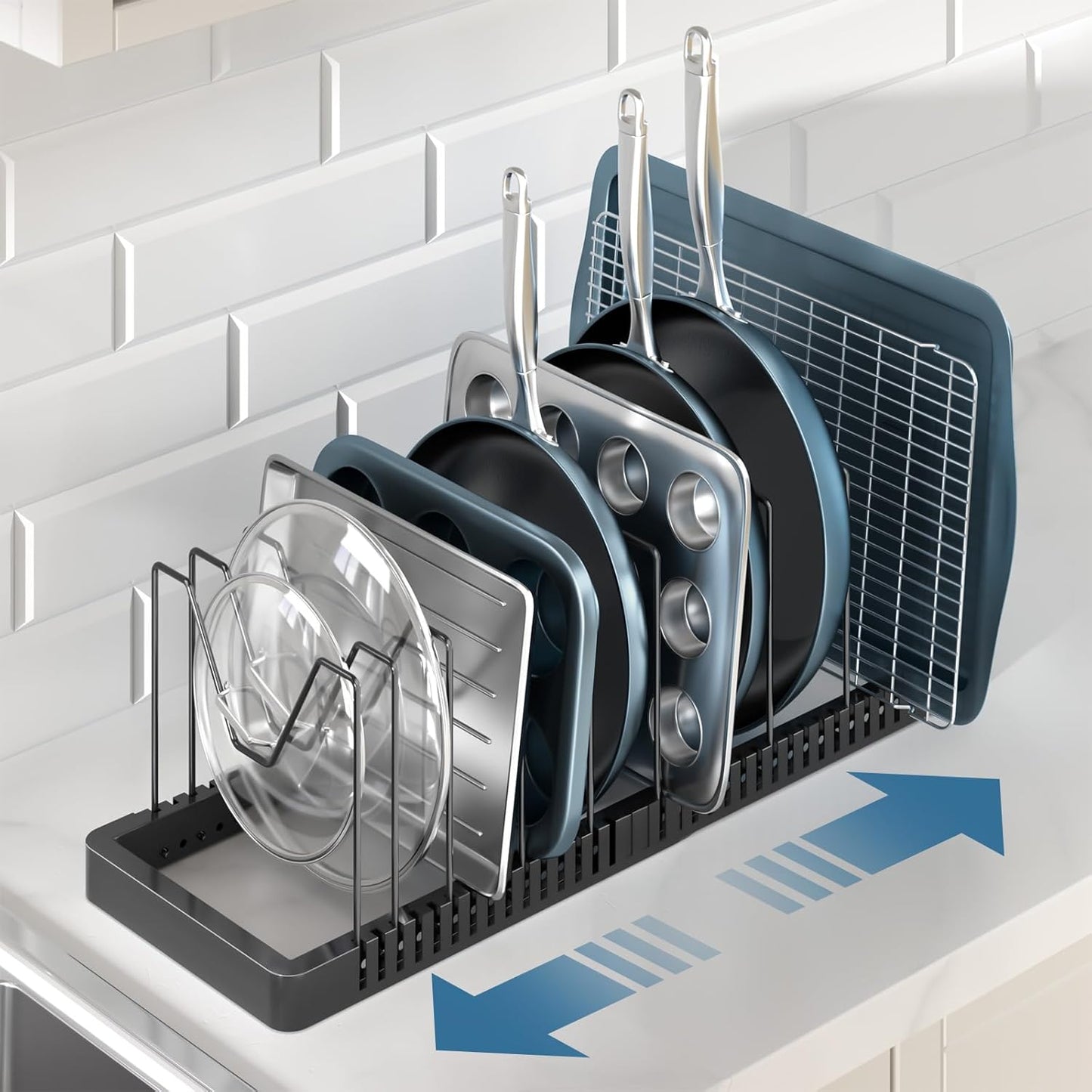Pots and Pans Organizer Rack for Cabinet, Expandable Pot Lid Organizer Holder with 10 Adjustable Compartment, Kitchen Cabinet Organizer for Lids & Bakeware - Pantry & Countertop Storage Rack