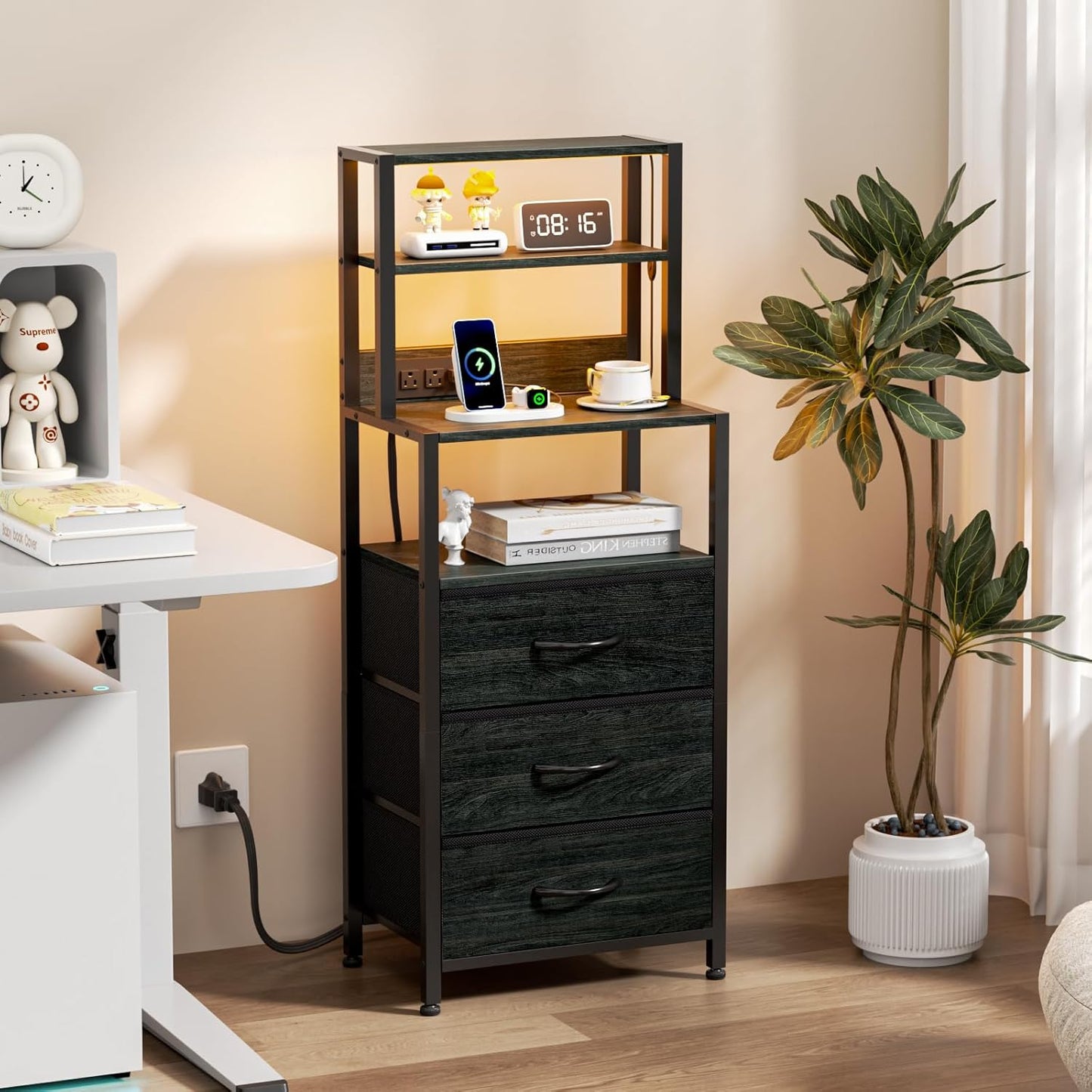 Tall Nightstand with 4-Tier Shelves, 3 Fabric Drawers, LED Charging Station, Black Oak Bedside Table for Bedroom, Hallway, and Home Office
