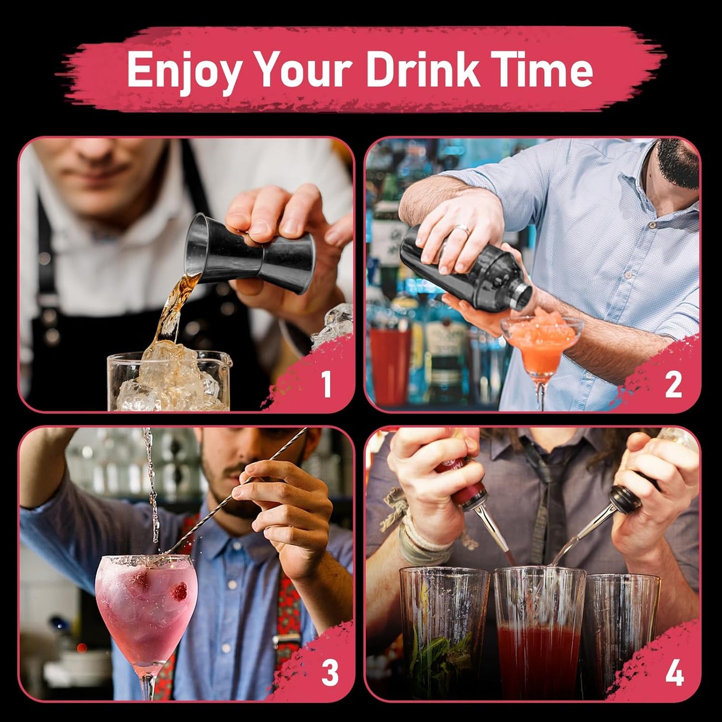 25 oz Professional Cocktail Shaker Set - 18/8 Stainless Steel Bartending Tools for Martini and Margarita Mixing with Measuring Jigger and Spoon (Black)