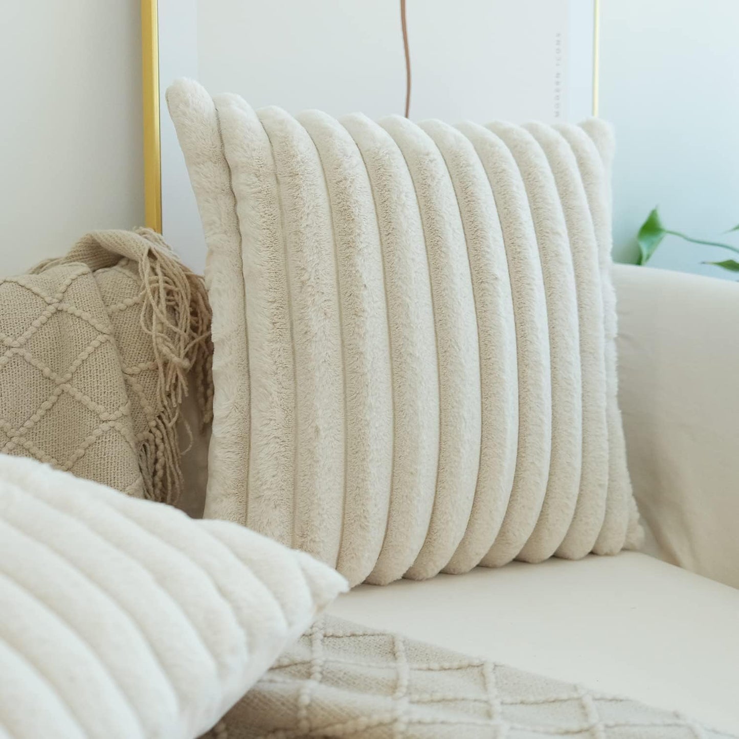 Pack of 2 Faux Fur Plush Decorative Throw Pillow Covers for Home, Couch Cushion Case Soft Solid Pillowcases (Beige, 20 X 20-Inch)