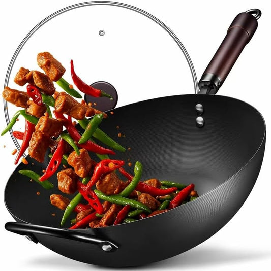 Wok, 13 Inch Carbon Steel Woks & Stir-Fry Pans Nonstick, Pre-Seasoned 5.8QT Flat Bottom Chinese Wok Pan with Lid, Carbon Steel Cookware, Compatible with All Cooktops