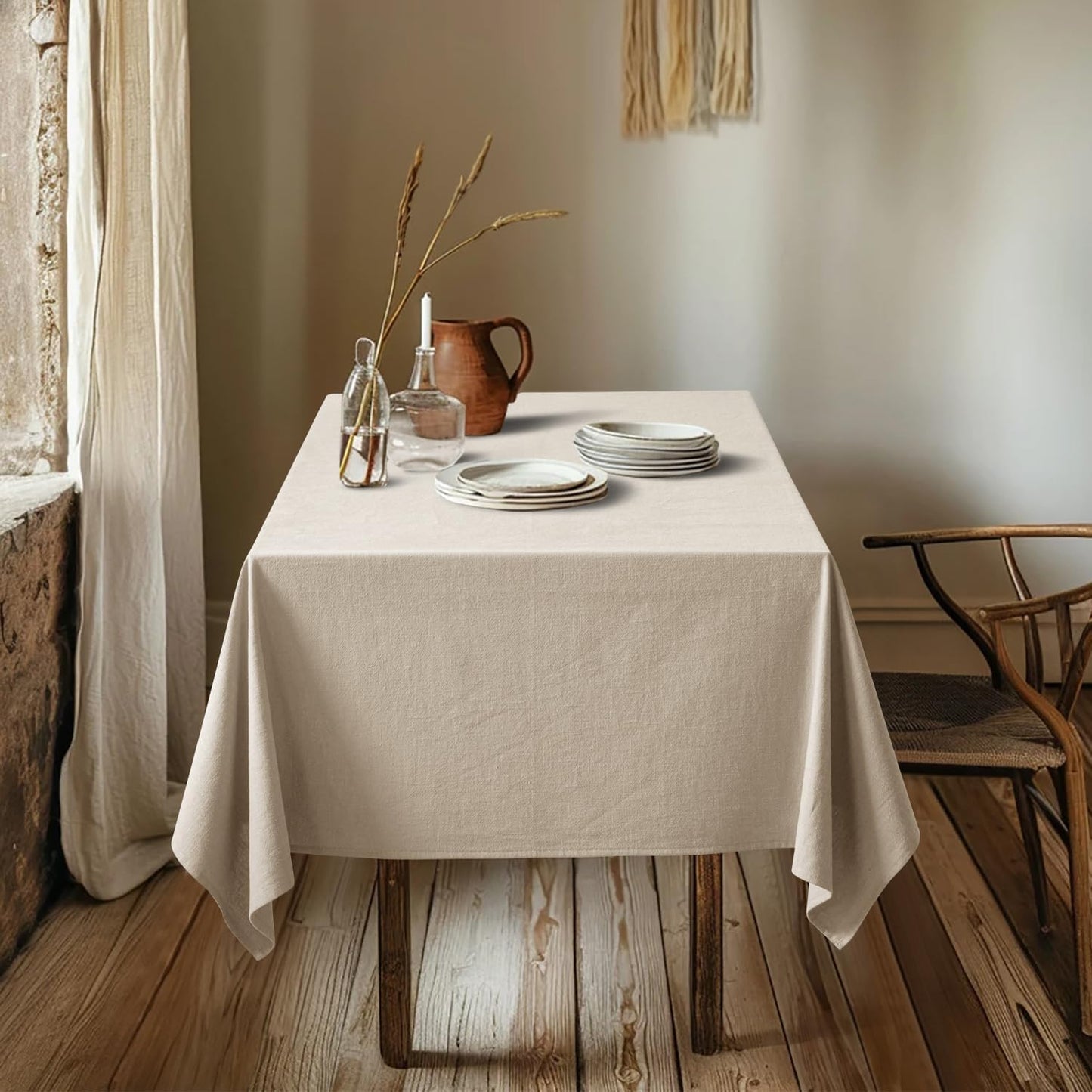 Natural Linen Cotton Blend Tablecloth Rectangle, Luxury Waterproof Stain Resistant Durable Farmhouse Oblong Table Cloth for Dining Party Christmas Weddings Birthday, 52 X 84 Inch, Ivory Cream