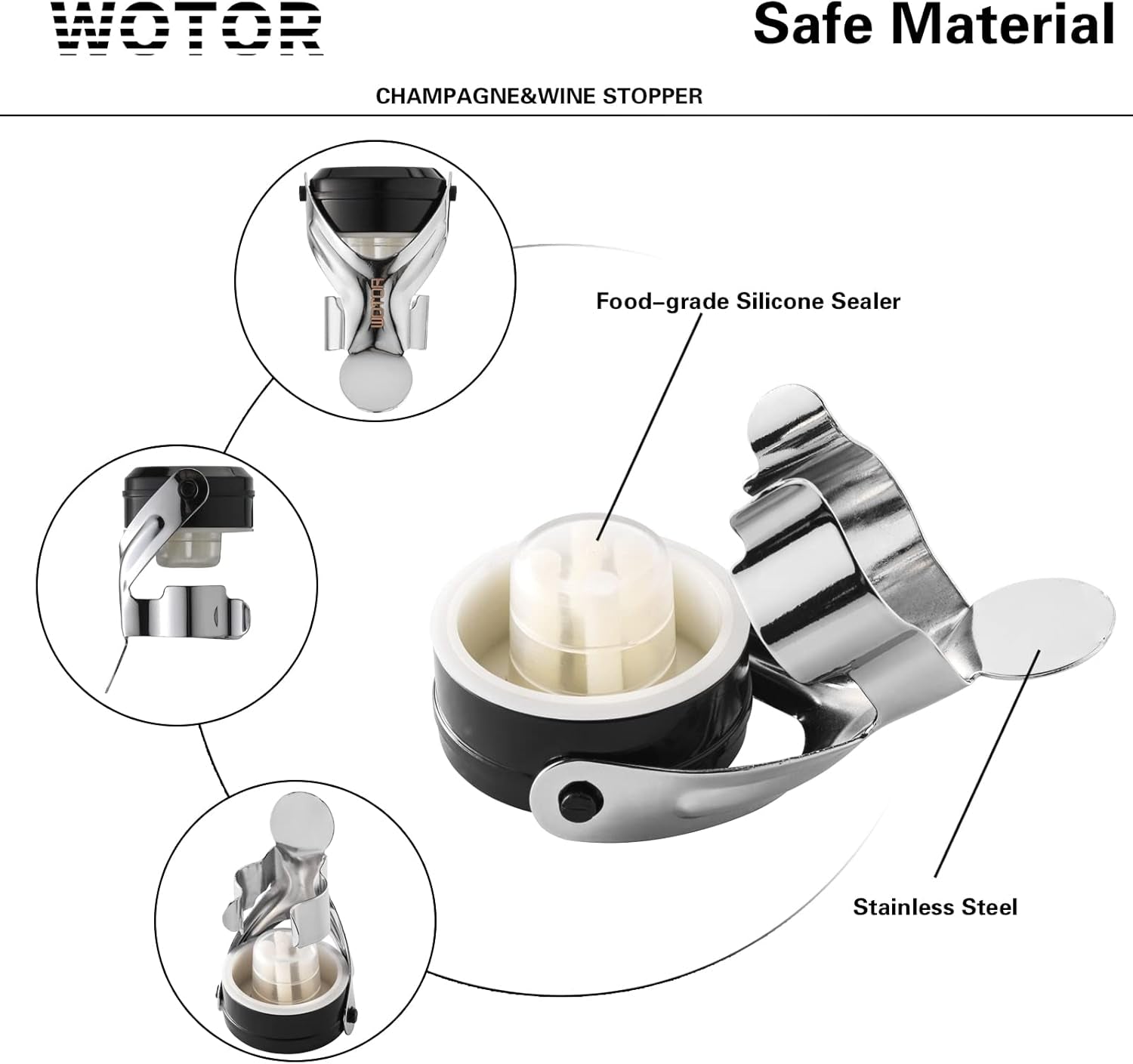 Champagne&Wine Bottle Stoppers Stainless Steel with Food Grade Silicone, Leak Proof Keep Fresh Reusable Saver, Cork Suitable for Wine, Champagne, Cava, Prosecco and Sparkling (2 Pack Silver)