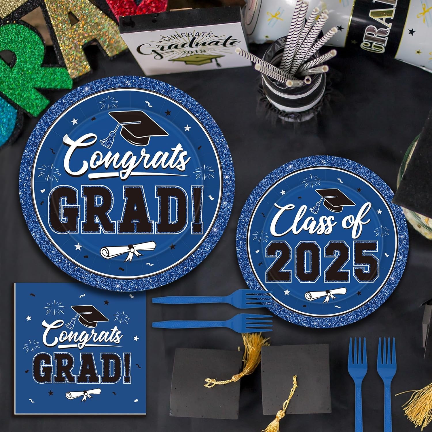 50 SET Graduation Plates and Napkins 2025 and Forks, Blue Graduation Paper Plates Class of 2025, Disposable Blue Plate and Napkins Party Supplies Decorations Class of 2025
