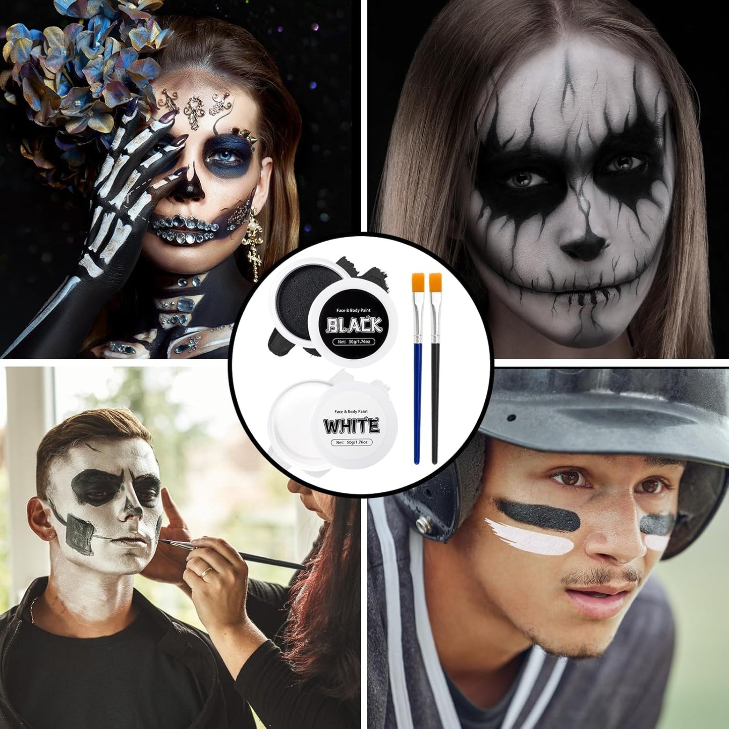 Black + White Face Body Paint Set 3.5Oz/100G, Non-Toxic Professional Facepaint Makeup Kit with 2 Brushes for Kids & Adults Art Theater Halloween Party Cosplay Clown Corpse Goth SFX Makeup