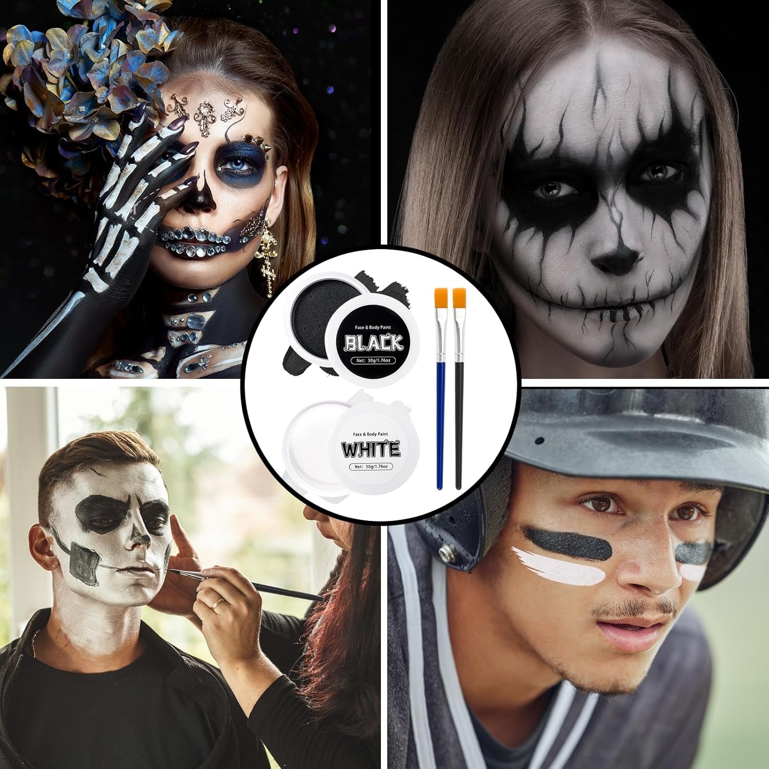 Black + White Face Body Paint Set 3.5Oz/100G, Non-Toxic Professional Facepaint Makeup Kit with 2 Brushes for Kids & Adults Art Theater Halloween Party Cosplay Clown Corpse Goth SFX Makeup